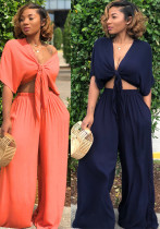 Women's Deep V Lace-Up Top Wide-Leg Pants Set