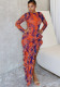 Women's Printed Backless Long Sleeve Slit Irregular Long Dress