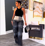 Women's High-Waist Multi-Pocket Gradient Denim Wide-Leg Pants