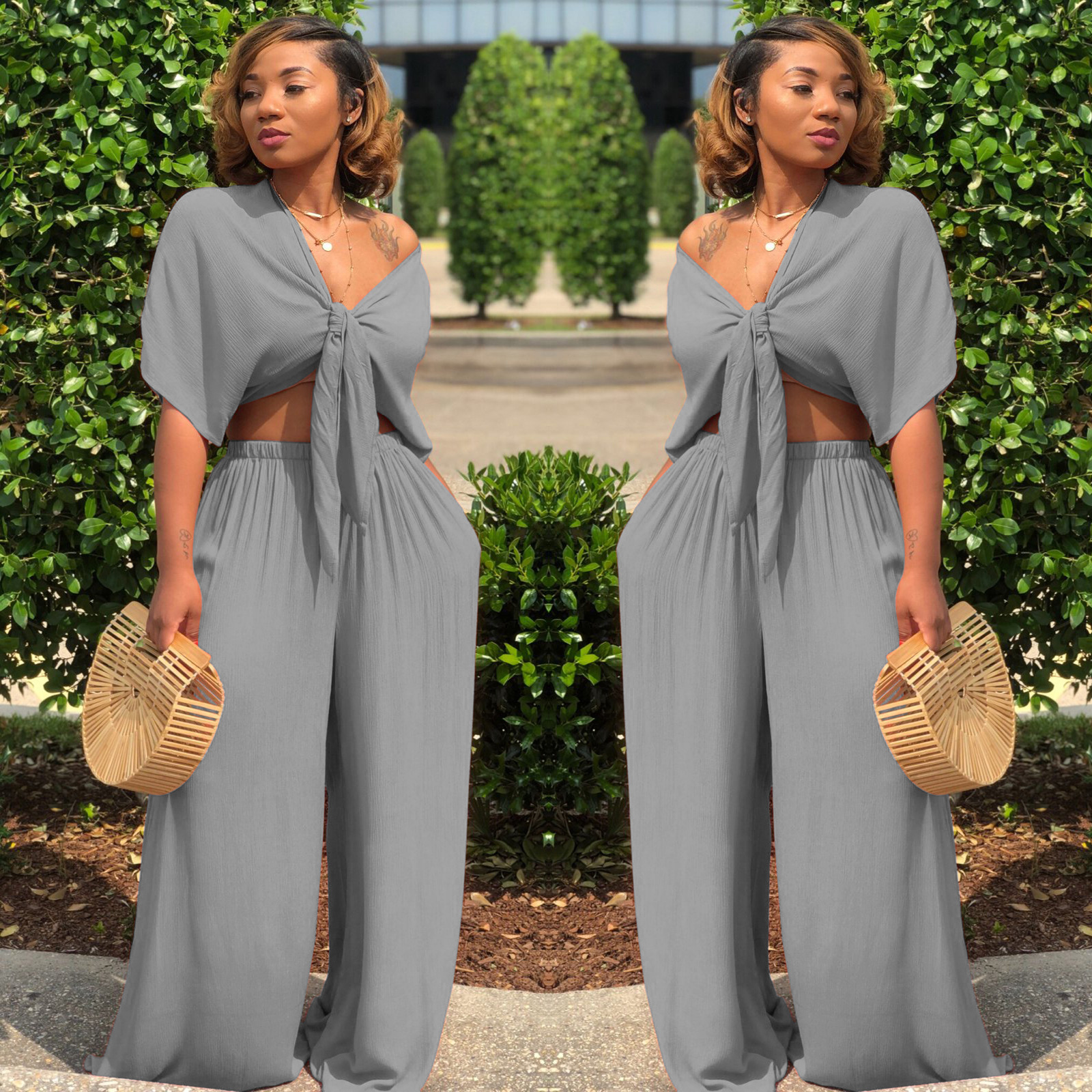 Women's Deep V Lace-Up Top Wide-Leg Pants Set