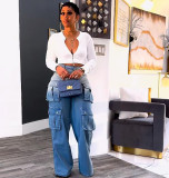 Women's High-Waist Multi-Pocket Gradient Denim Wide-Leg Pants