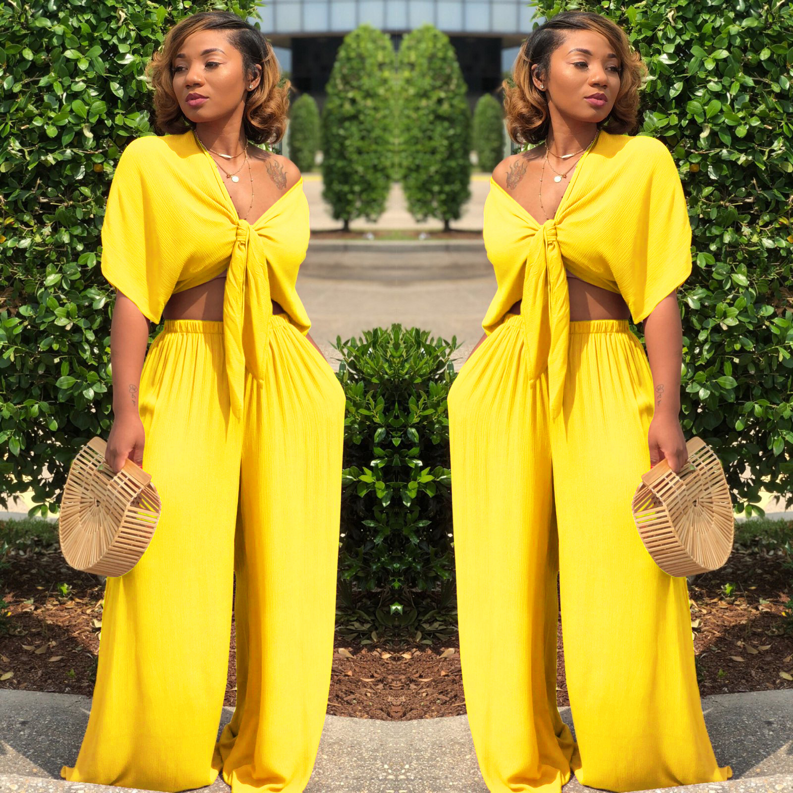 Women's Deep V Lace-Up Top Wide-Leg Pants Set