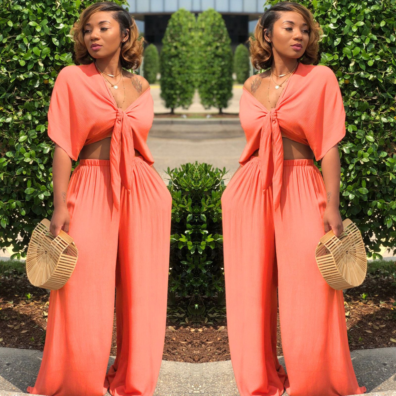 Women's Deep V Lace-Up Top Wide-Leg Pants Set