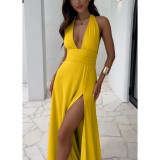 Women's Halter V-Neck Lace-Up Slit Maxi Dress