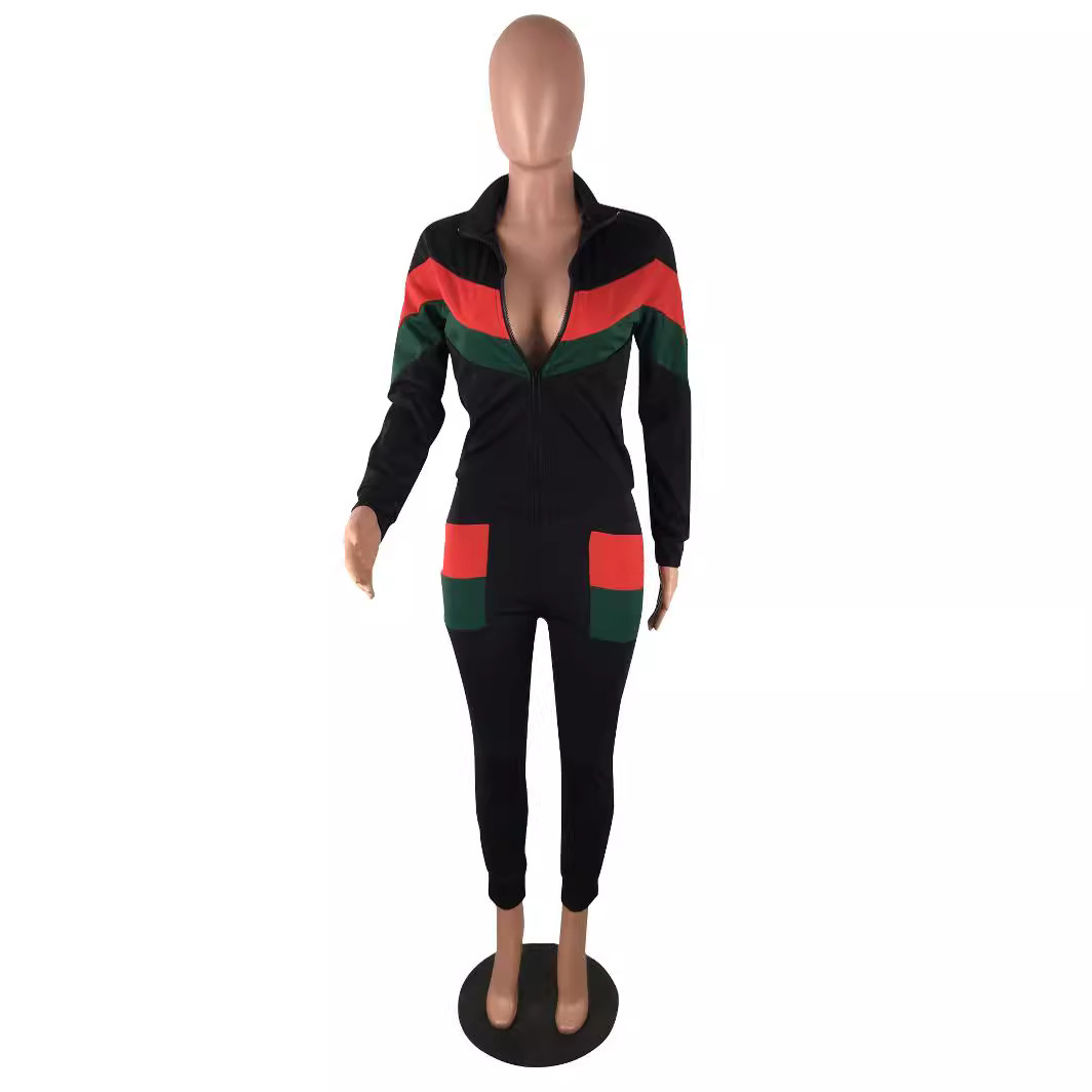 Women Sports Contrast Color Top and Pants Two-piece Set