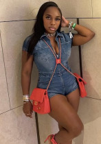 Women Short-Sleeved Washed Stretchy Denim Jumpsuit Women Short-Sleeved Washed Stretchy Denim Jumpsuit