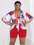 Plus Size Women Spring Printed Casual T-shirt Shorts Two-piece Set