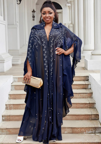 Women Bat Sleeves See-Through Mesh Beaded Beaded Cape Hooded Cape Dress