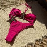 Women Solid Starfish Applique Embroidery Sexy Lace-Up Swimsuit Two Pieces