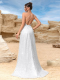 Women White Sequin One Shoulder Slit Wedding Bridesmaids Evening Dress
