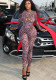Women Style Leopard Print Hollow Backless High Neck Long Sleeve Jumpsuit