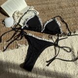 Women Contrast Color Bow Lace Lace Sexy Backless Two Pieces Swimsuit