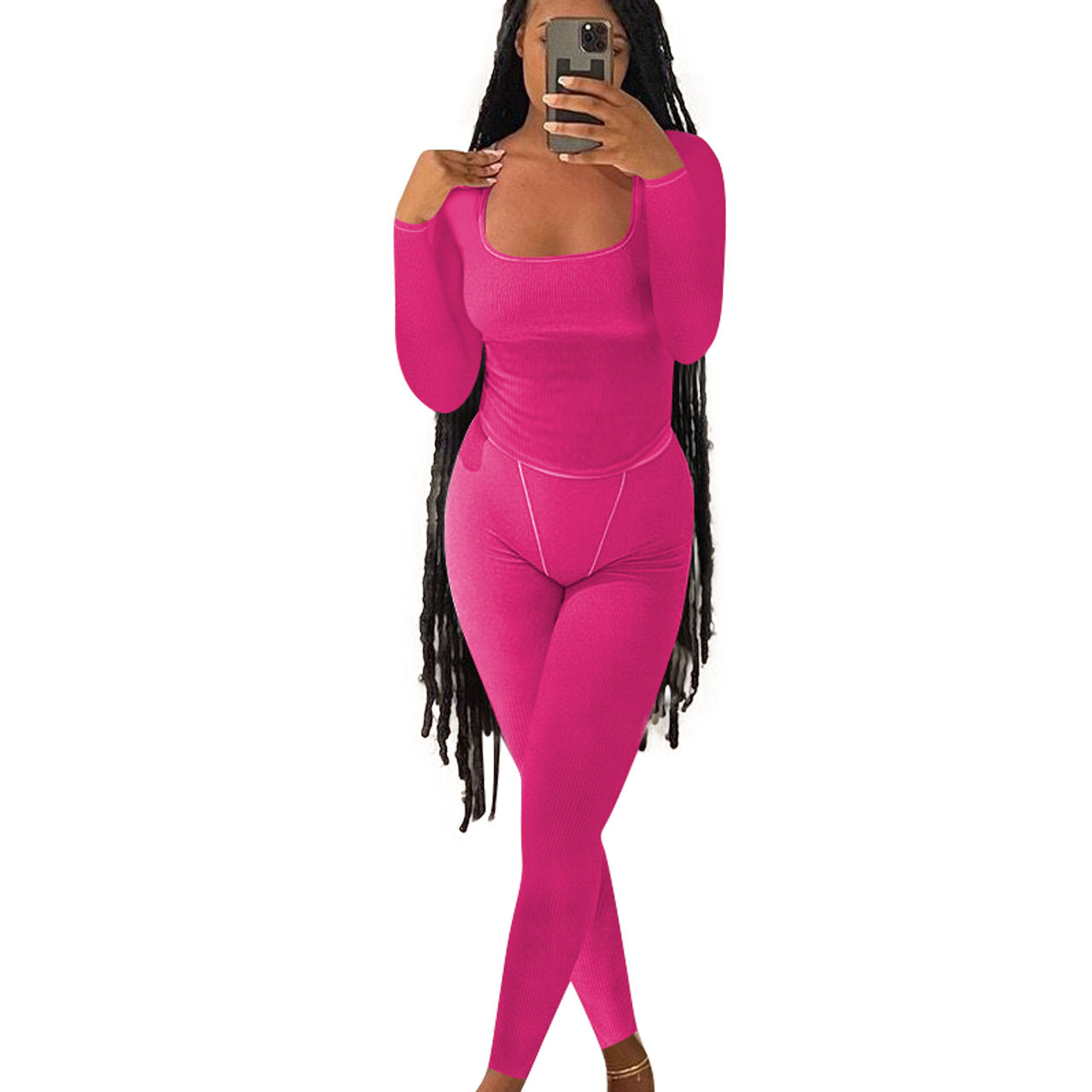 Women Casual Ribbed Solid Top and Pants Two-Piece Set