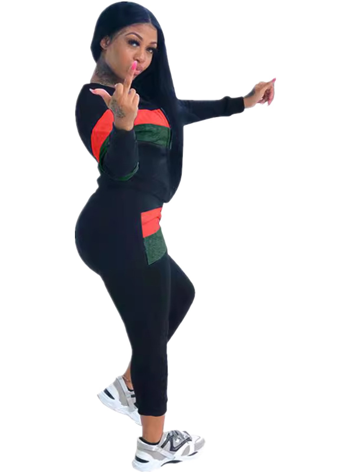 Women Sports Contrast Color Top and Pants Two-piece Set