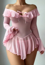 Women solid long sleeve off shoulder tied rope ruffle dress sexy lingerie