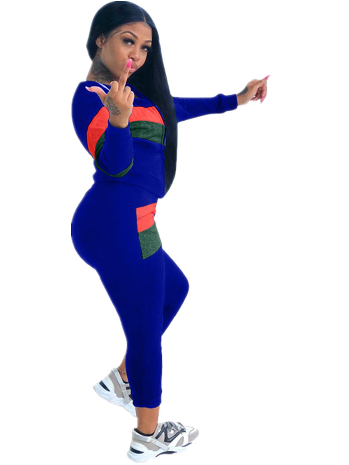 Women Sports Contrast Color Top and Pants Two-piece Set