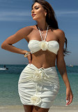 Women solid flower Halter Neck Strapless Top and Skirt two-piece set