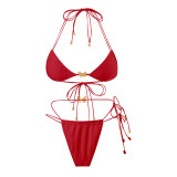 Women Solid Stretchy Rope Butterfly Decoration Sexy Lace-Up Swimsuit Two Pieces