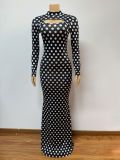 Women printed half-high collar hollow sexy long-sleeved polka dot dress