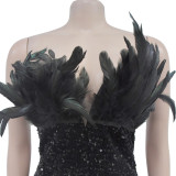 Women Sequin Feather Sleeveless Dress