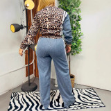 Women Spring and Autumn Leopard Print Striped Colorblock Top and Pants Two-Piece Set