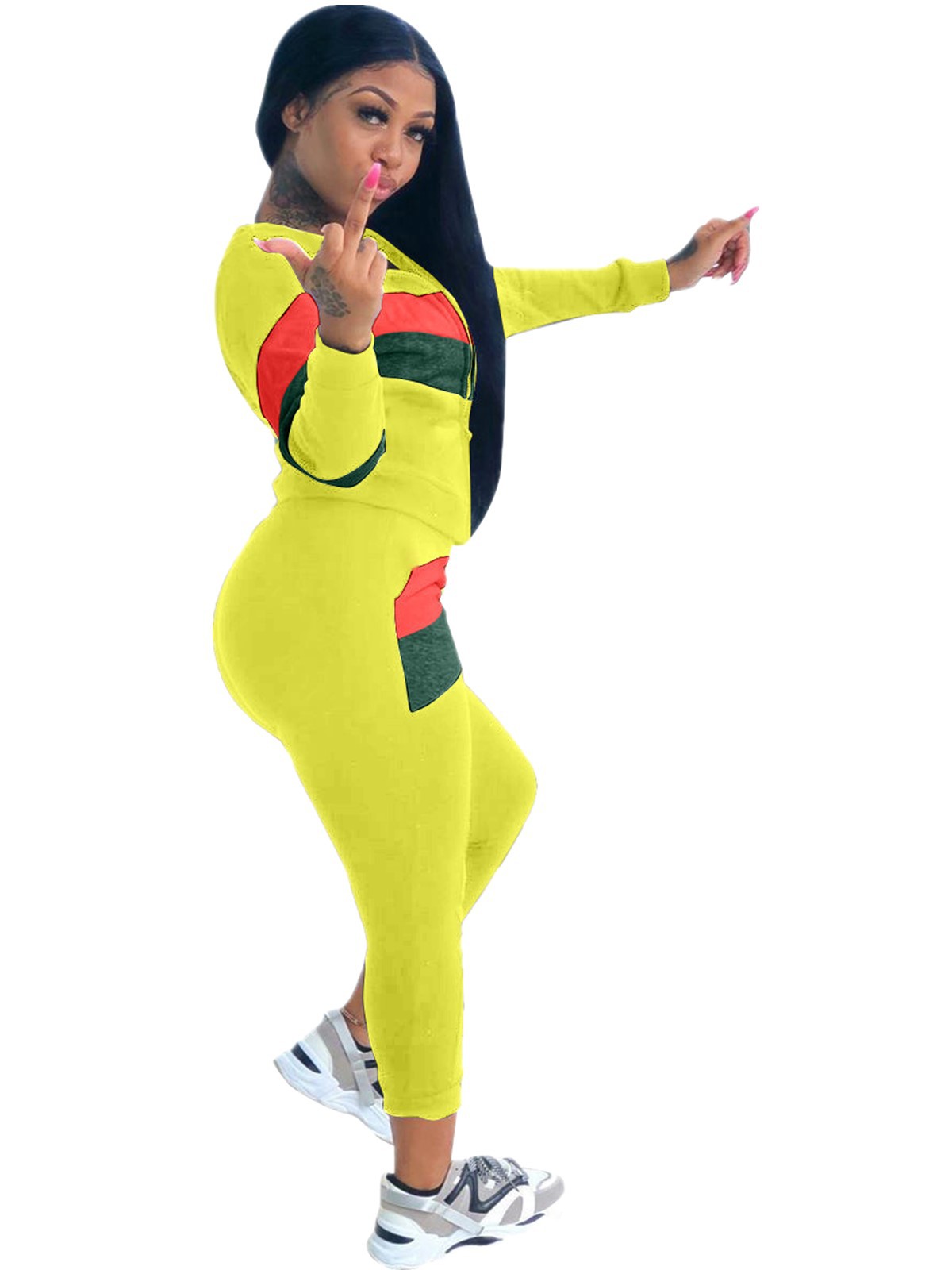 Women Sports Contrast Color Top and Pants Two-piece Set