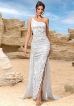 Women White Sequin One Shoulder Slit Wedding Bridesmaids Evening Dress