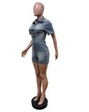 Women Short-Sleeved Washed Stretchy Denim Jumpsuit