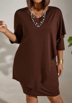 Plus Size Women V-neck Solid Irregular Dress