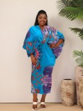 Plus Size Women V-neck Bat Sleeves Pleated Dress