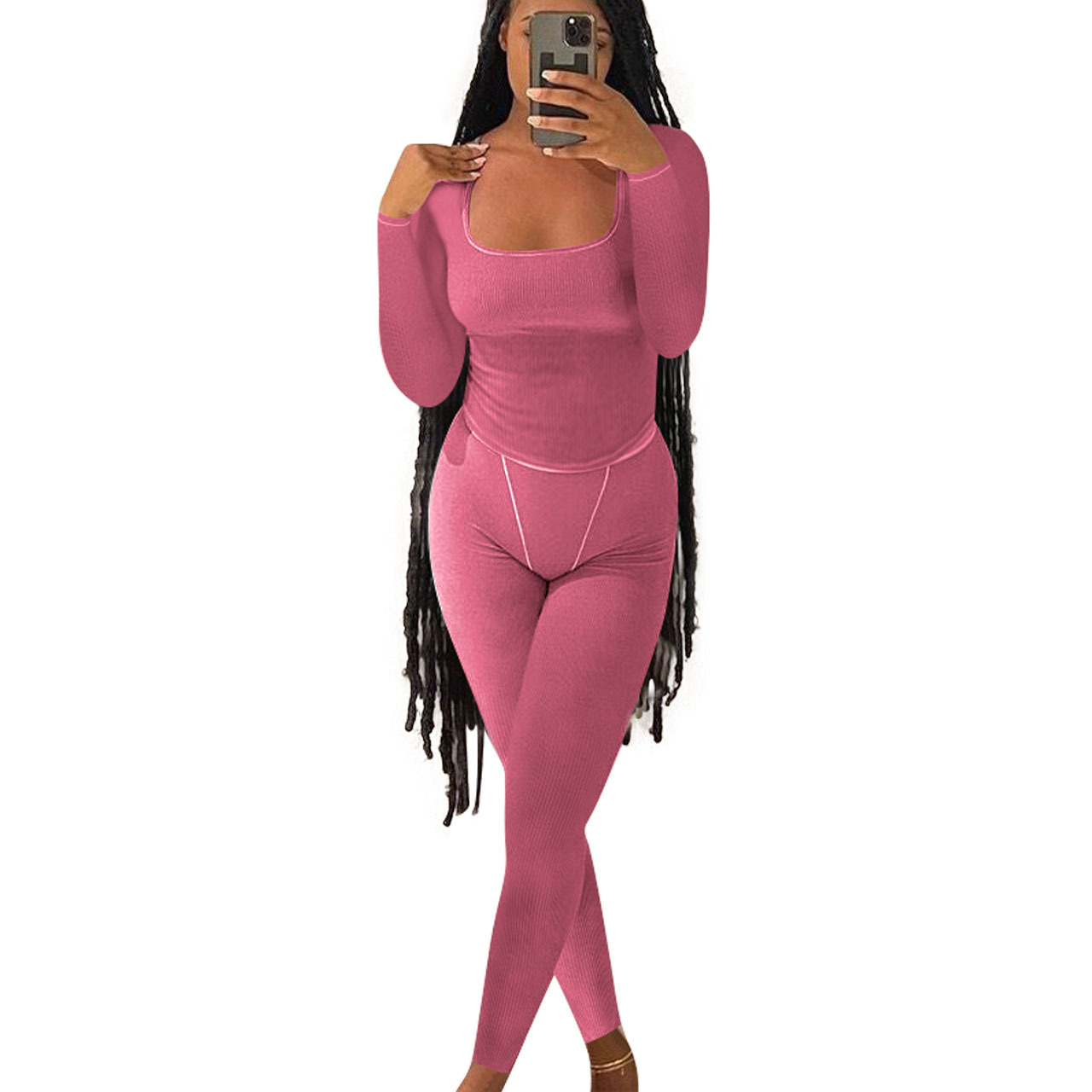 Women Casual Ribbed Solid Top and Pants Two-Piece Set