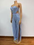 Women V-neck hollow backless patchwork split jumpsuit