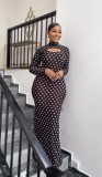Women printed half-high collar hollow sexy long-sleeved polka dot dress