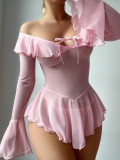 Women solid long sleeve off shoulder tied rope ruffle dress sexy lingerie