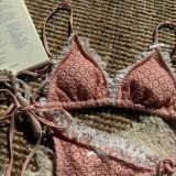 Women Contrast Color Bow Lace Lace Sexy Backless Two Pieces Swimsuit