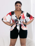 Plus Size Women Spring Printed Casual T-shirt Shorts Two-piece Set