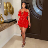 Women Sequin Feather Sleeveless Dress