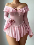 Women solid long sleeve off shoulder tied rope ruffle dress sexy lingerie