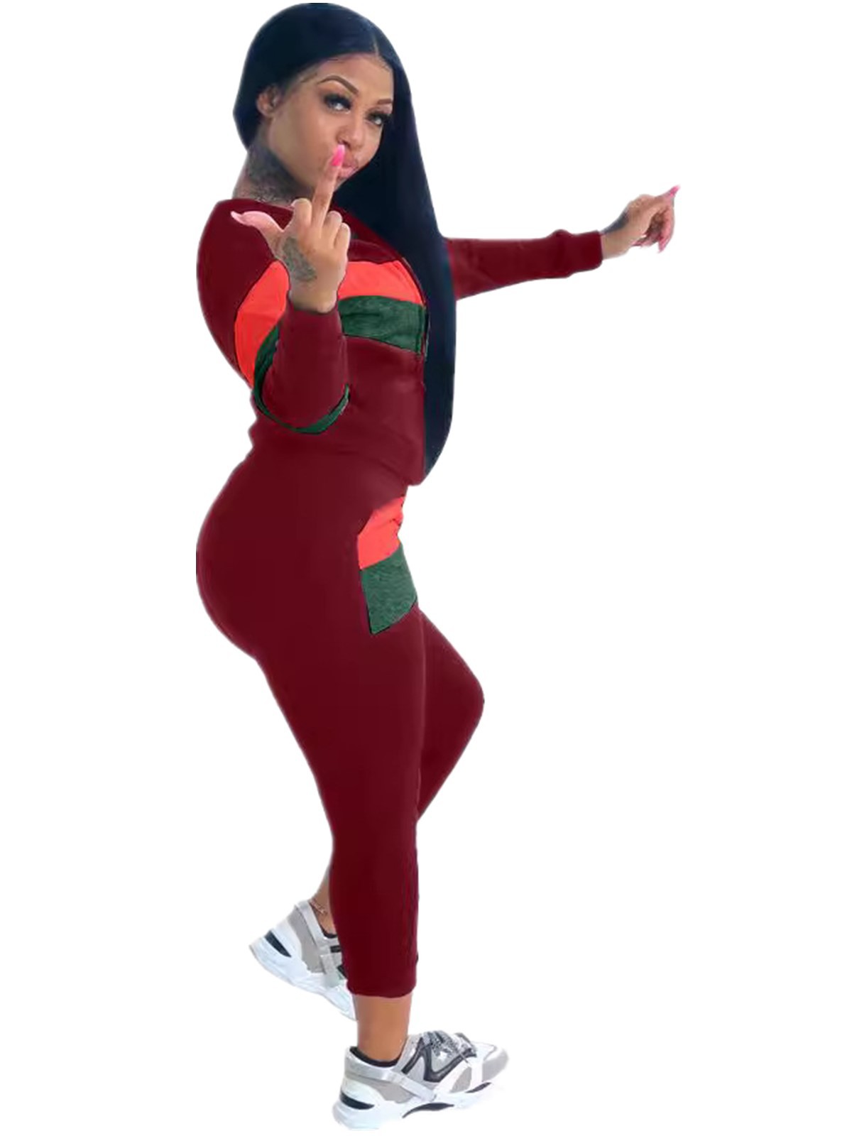 Women Sports Contrast Color Top and Pants Two-piece Set