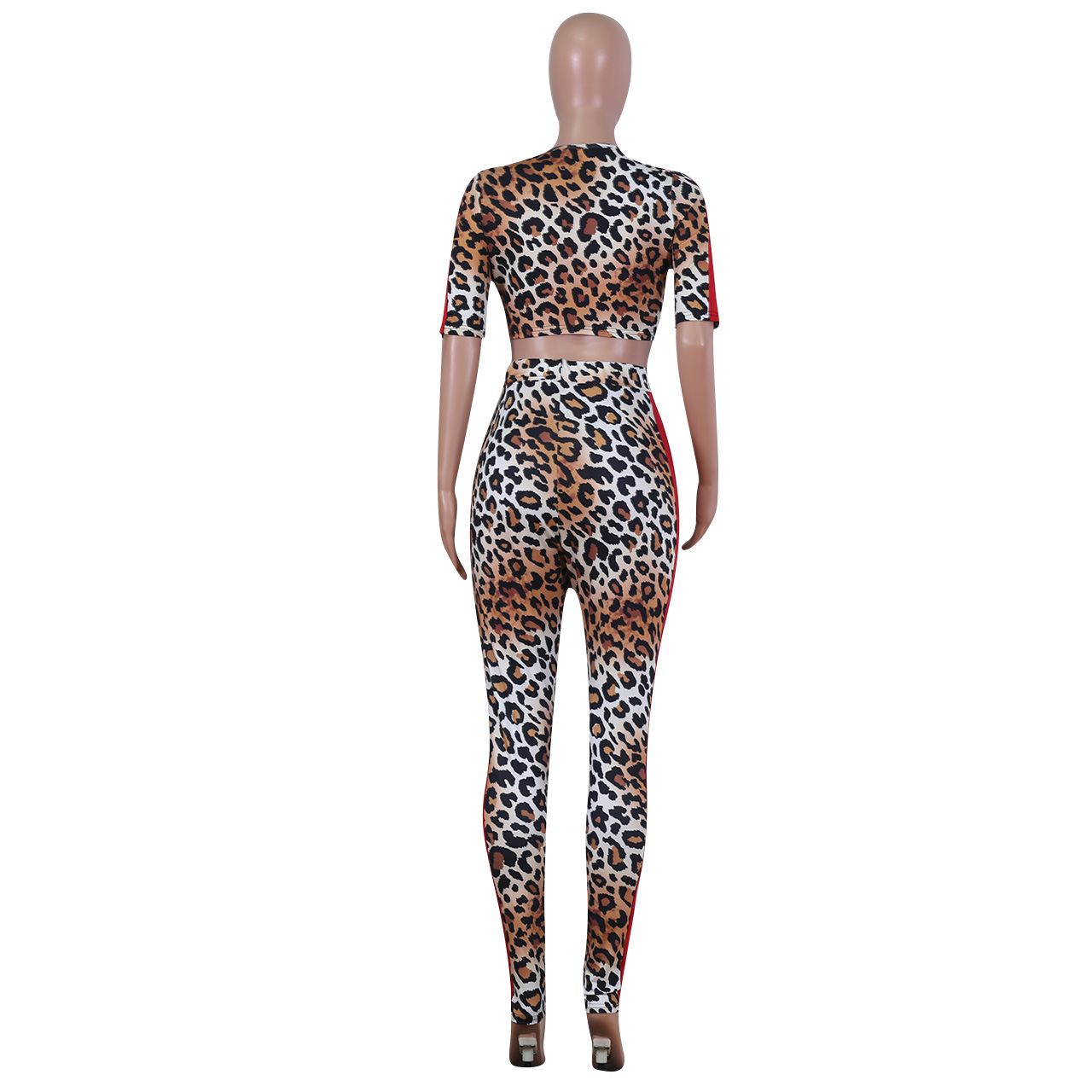 Women Sexy Leopard Color-blocking Top and Pants Two-piece Set