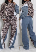 Women Spring and Autumn Leopard Print Striped Colorblock Top and Pants Two-Piece Set