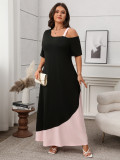 Women Spring and Summer Solid Patchwork Suspender Short Sleeve Dress