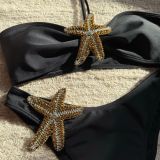 Women Solid Starfish Applique Embroidery Sexy Lace-Up Swimsuit Two Pieces