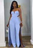 Women V-neck hollow backless patchwork split jumpsuit