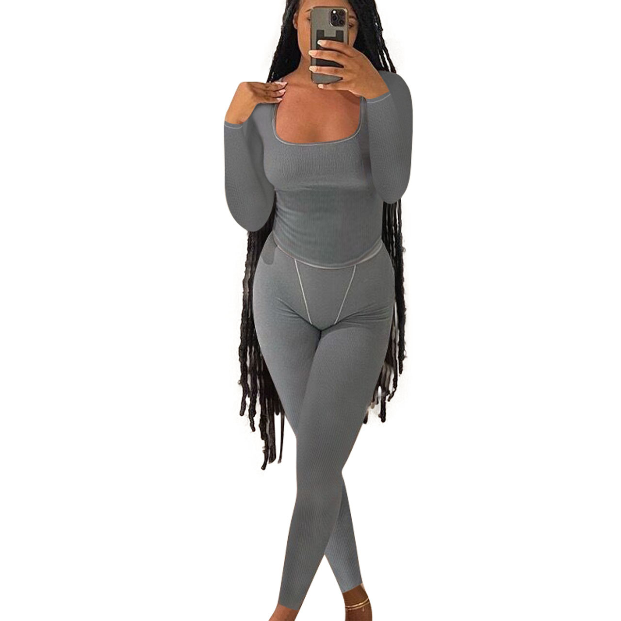 Women Casual Ribbed Solid Top and Pants Two-Piece Set