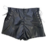 Women Autumn and Winter Black Stretchy Pu-Leather Shorts