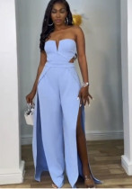 Women V-neck hollow backless patchwork split jumpsuit Women V-neck hollow backless patchwork split jumpsuit