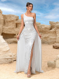 Women White Sequin One Shoulder Slit Wedding Bridesmaids Evening Dress