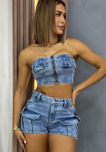 Women denim sexy strapless top and cargo shorts two-piece set