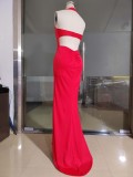 Women sexy halter neck beaded split maxi dress